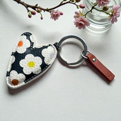 Caroline Gardner 'Multi Flower Charcoal Print' Heart Keyring
