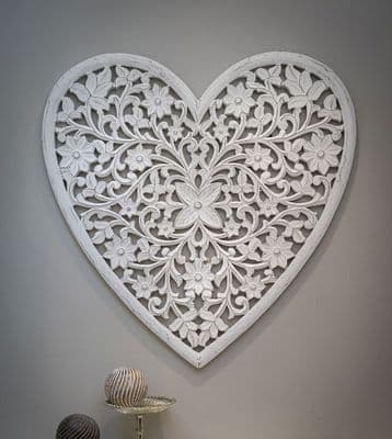 Gorgeous Very Large Filigree Heart Shaped White Carved Panel
