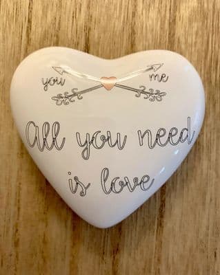 Lovely Ceramic Wedding Heart Keepsake with 'ALL YOU NEED IS LOVE' text