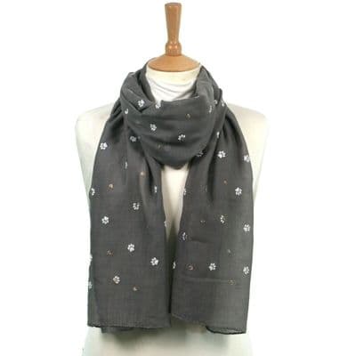 Super Gorgeous Grey Scarf with Paw Print & Sparkly Golden Heart Design