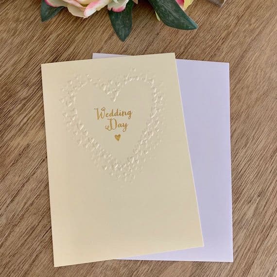 Super Pretty Ivory 'Wedding Day' Greeting Card with embossed Hearts