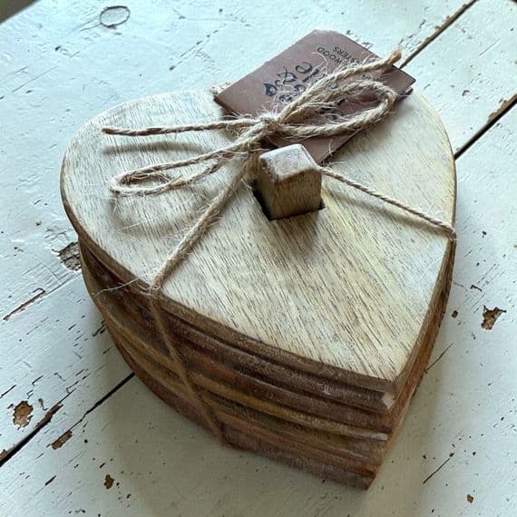 Wooden Heart Coasters - Set of 6 - Mango Wood & Super Cute!