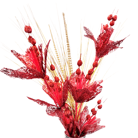 Artificial Set of Glitter Flowers - Gold/Red