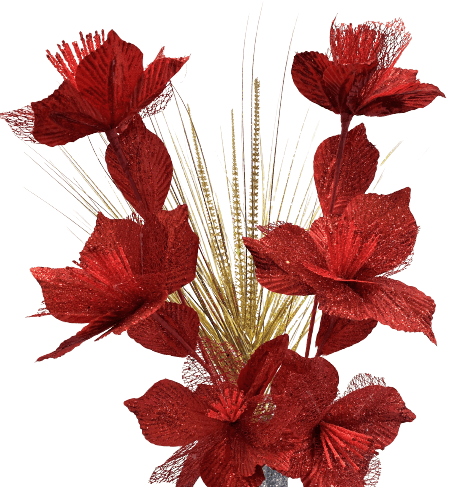 Artificial Set of Glitter Flowers - Red/Gold