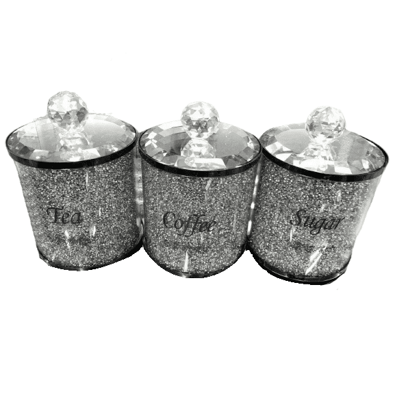Crushed Diamond Jars Tea/Coffee/Sugar Silver Black