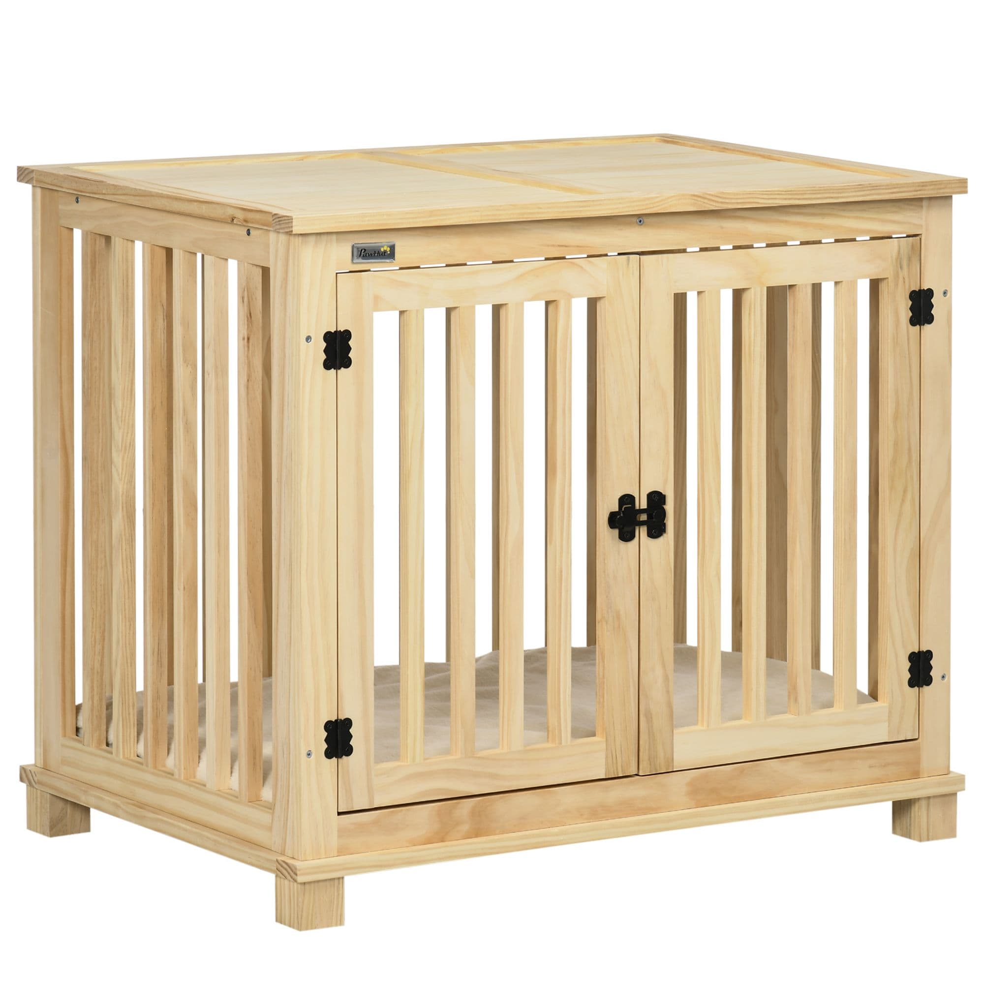 Wooden Dog Crate Furniture w/ Double Doors Soft Cushion for Medium Dogs