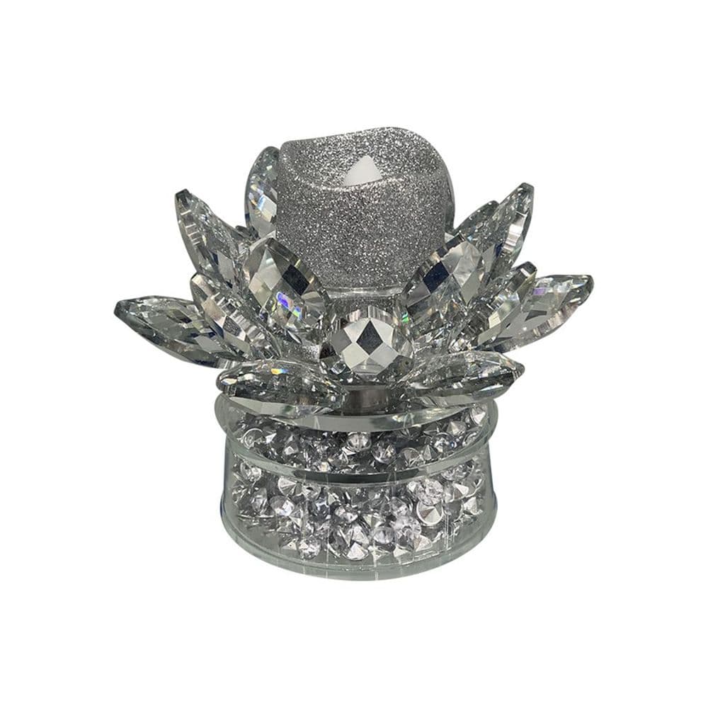 Sparkly Crushed Diamond Candle Holder Faceted Lotus Decorative Silver