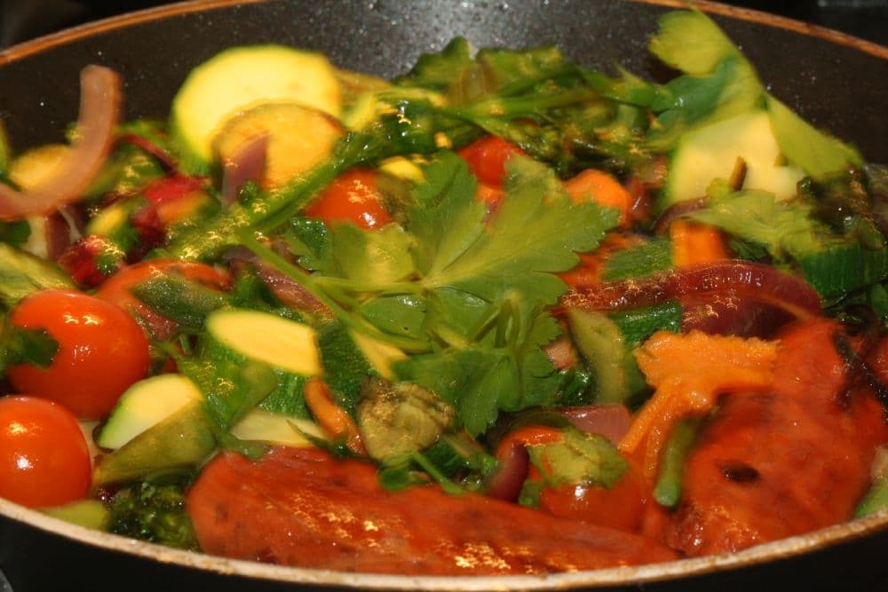 Quorn sausages with a medley of garden veg and Turmeric