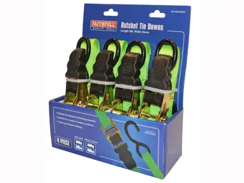 FAITHFULL 25mmx5M Ratchet Tie Downs Green 4 Piece FAITDRATSET4
