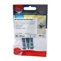 TIMCO M5x52mm Metal Cavity Anchor + 60mm Screw - BZP (Pack 3) 50052CAP