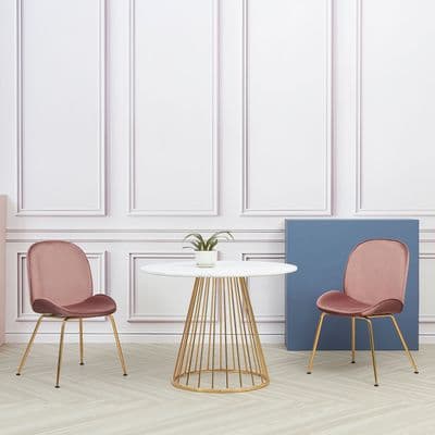 FLORENCE White Marble Effect Round Dining Table with Gold Birdcage Leg - 100cm