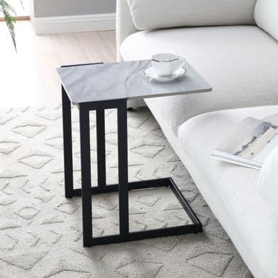 YVETTE White Sintered Stone Side Table with Black Metal Leg