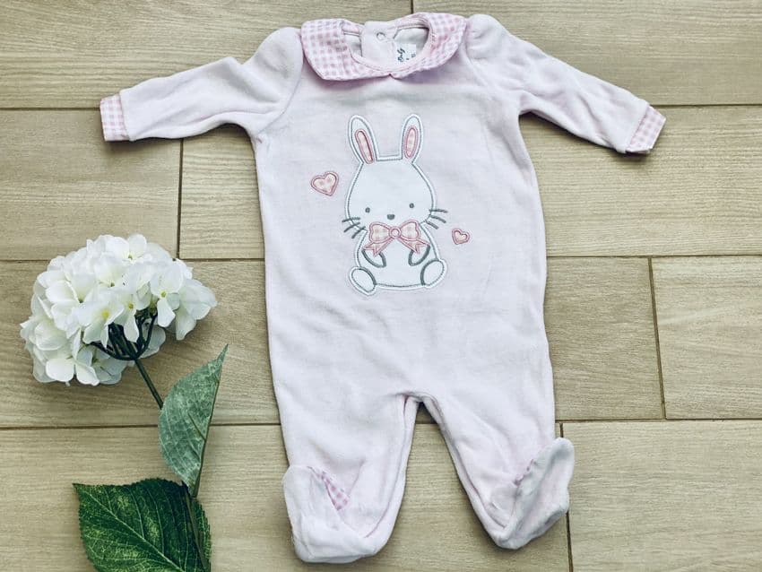Bunny Pink Velour Baby Girl Sleepsuit | Hampers by Lauren