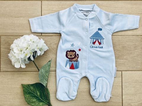 Circus Blue Velour Baby Boy Sleepsuit