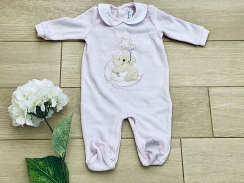 Teddy Pink Velour Baby Girl Sleepsuit