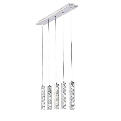 Darrell Bar Pendant 5 Drop 15W LED 6000K Polished Chrome, Crystal