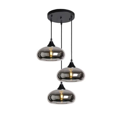 3 Light Round Multi Drop Pendant in Matt Black 15 Amber Glass with Black Braided Cord