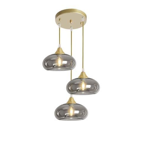 3 Light Round Multi Drop Pendant in Matt Gold 15 Amber Glass with Gold Braided Cord