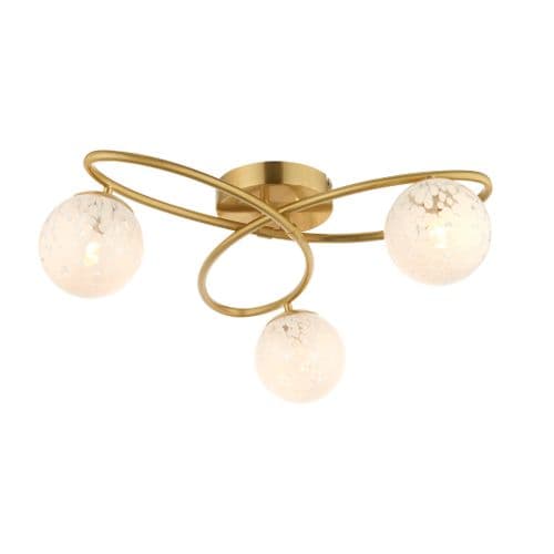 3 light Semi flush Light Multi arm glass finish in Satin brass plate & white confetti glass