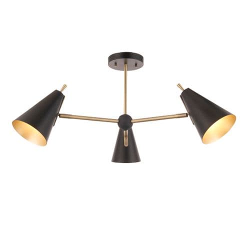 3 light Semi flush Light Multi arm lamp finish in Matt antique brass plate & matt black