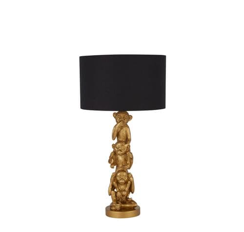 3 Wise Monkeys Table Lamp - Gold Resin & Black Fabric Shade