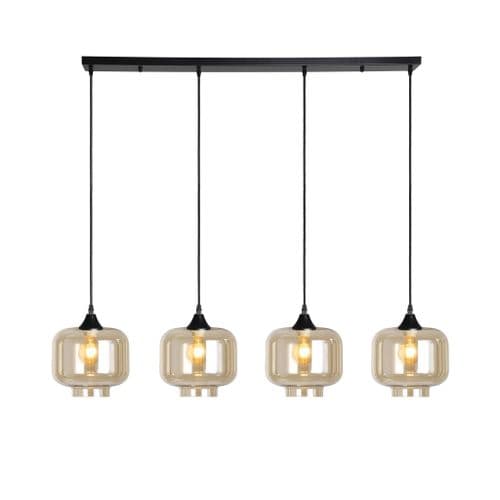 4 Light Multi Drop Bar Pendant in Matt Black with 12 Amber Glass