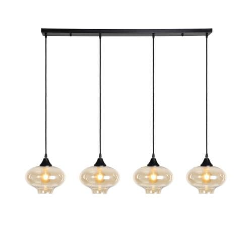 4 Light Multi Drop Bar Pendant in Matt Black with 14 Amber Glass