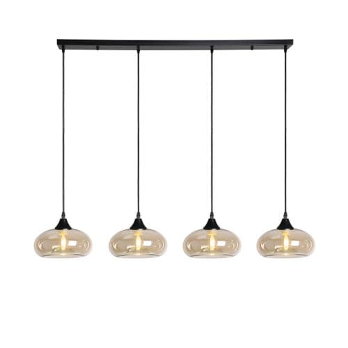 4 Light Multi Drop Bar Pendant in Matt Black with 15 Amber Glass
