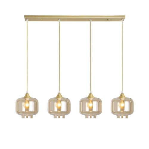 4 Light Multi Drop Bar Pendant in Matt Gold with 12 Amber Glass