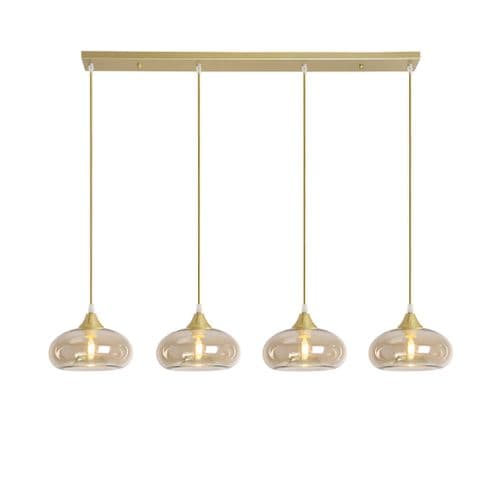 4 Light Multi Drop Bar Pendant in Matt Gold with 15 Amber Glass