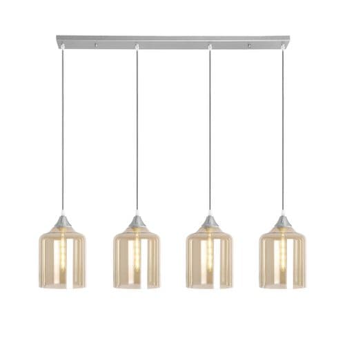 4 Light Multi Drop Bar Pendant in Matt Silver with 10 Amber Glass