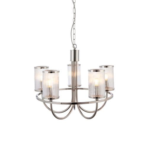 5 light Pendant Light Multi arm glass finish in Bright nickel plate & ribbed bubble glass