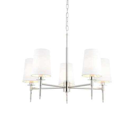 5 light Pendant Light Multi arm shade finish in Bright nickel plate & vintage white fabric