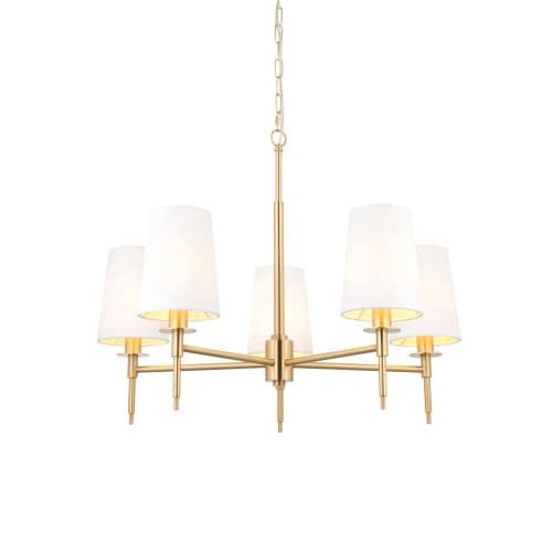 5 light Pendant Light Multi arm shade finish in Satin brass plate & vintage white fabric