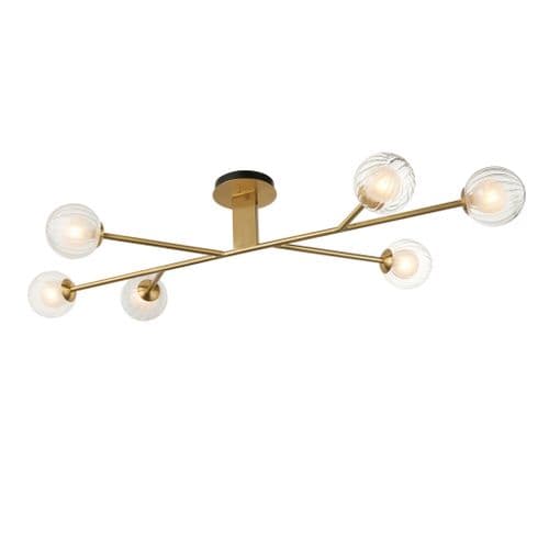 6 light Semi flush Light Multi arm glass finish in Satin brass plate & clear/frosted glass