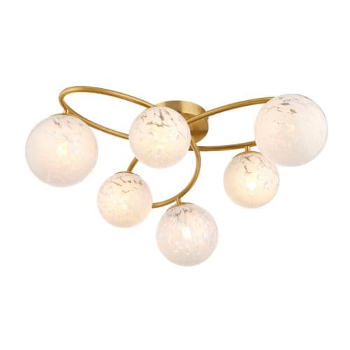 6 light Semi flush Light Multi arm glass finish in Satin brass plate & white confetti glass