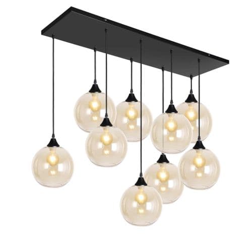 9 Light Multi Drop Rectangular Bar Ceiling Pendant in Matt Black with Shade Shape 13 Glass