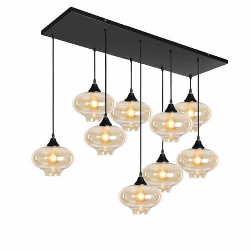 9 Light Multi Drop Rectangular Bar Ceiling Pendant in Matt Black with Shade Shape 14 Glass
