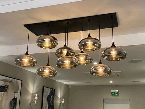9 Light Multi Drop Rectangular Bar Ceiling Pendant in Matt Black with Shade Shape 15 Glass