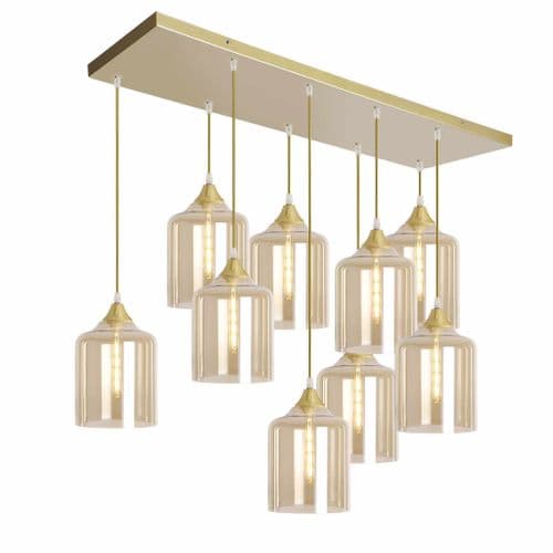 9 Light Multi Drop Rectangular Bar Ceiling Pendant in Matt Gold with Shade Shape 10 Glass