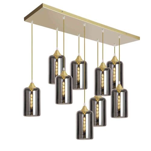 9 Light Multi Drop Rectangular Bar Ceiling Pendant in Matt Gold with Shade Shape 11 Glass