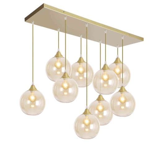 9 Light Multi Drop Rectangular Bar Ceiling Pendant in Matt Gold with Shade Shape 13 Glass