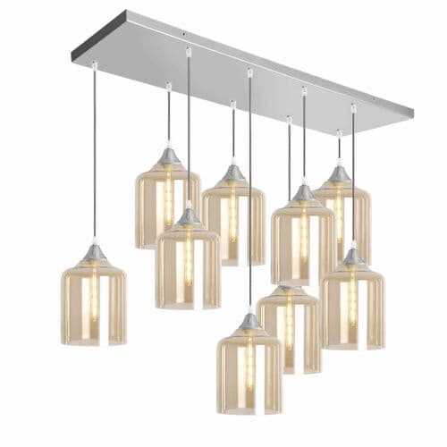 9 Light Multi Drop Rectangular Bar Ceiling Pendant in Matt Silver with Shade Shape 10 Glass