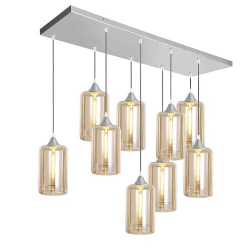 9 Light Multi Drop Rectangular Bar Ceiling Pendant in Matt Silver with Shade Shape 11 Glass