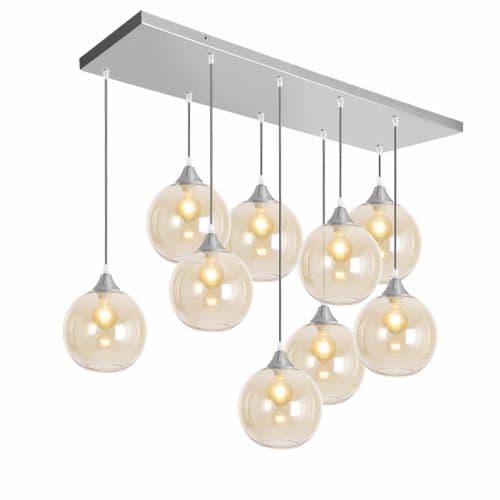 9 Light Multi Drop Rectangular Bar Ceiling Pendant in Matt Silver with Shade Shape 13 Glass