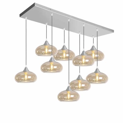 9 Light Multi Drop Rectangular Bar Ceiling Pendant in Matt Silver with Shade Shape 15 Glass