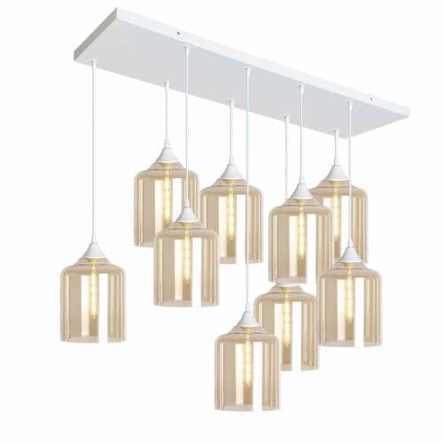 9 Light Multi Drop Rectangular Bar Ceiling Pendant in Matt White with Shade Shape 10 Glass