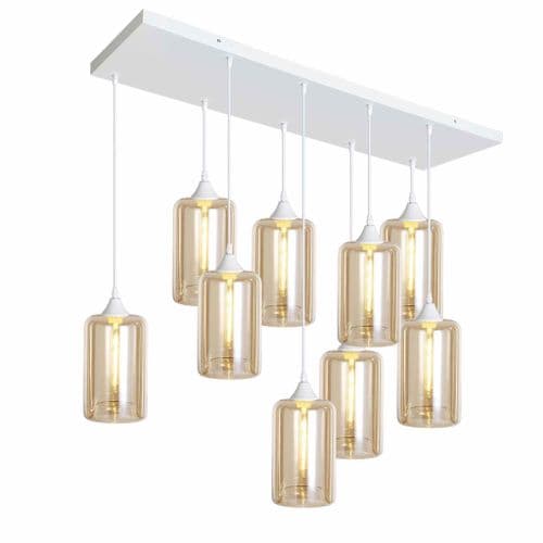9 Light Multi Drop Rectangular Bar Ceiling Pendant in Matt White with Shade Shape 11 Glass
