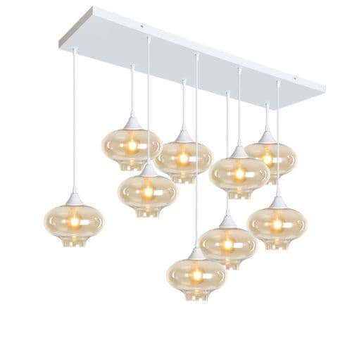 9 Light Multi Drop Rectangular Bar Ceiling Pendant in Matt White with Shade Shape 14 Glass