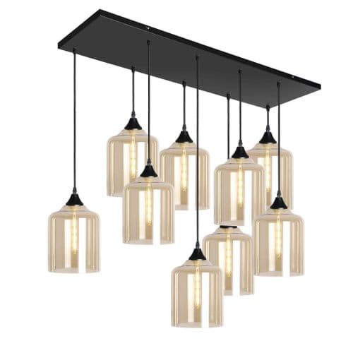 9 Light Multi Drop Rectangular Bar Ceiling Pendant in Matt Black with Shade Shape 10 Glass